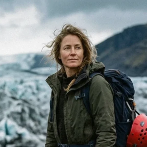 Elín Bjarnadóttir, former glacier guide, standing on the ice above Jökulsárlón before an Iceland ice cave day tour