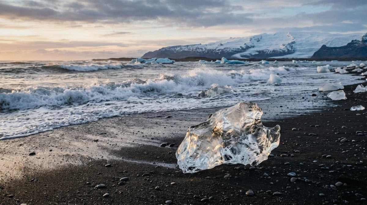 Glacier ice stranded on the black sand of Diamond Beach beside Jökulsárlón on a 2-day south coast tour with blue ice cave