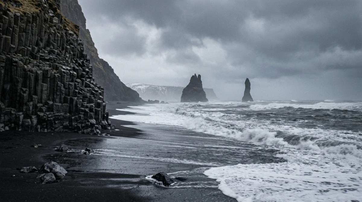 Basalt columns and black sand at Reynisfjara, the day-one stop on a 2-day south coast tour with blue ice cave