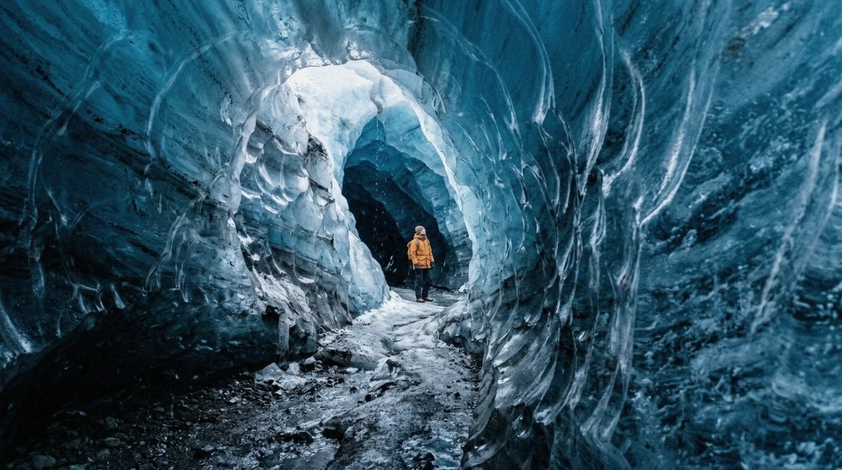 Banded blue walls inside a crystal ice cave in Breiðamerkurjökull, the classic stop on an Iceland ice cave day tour