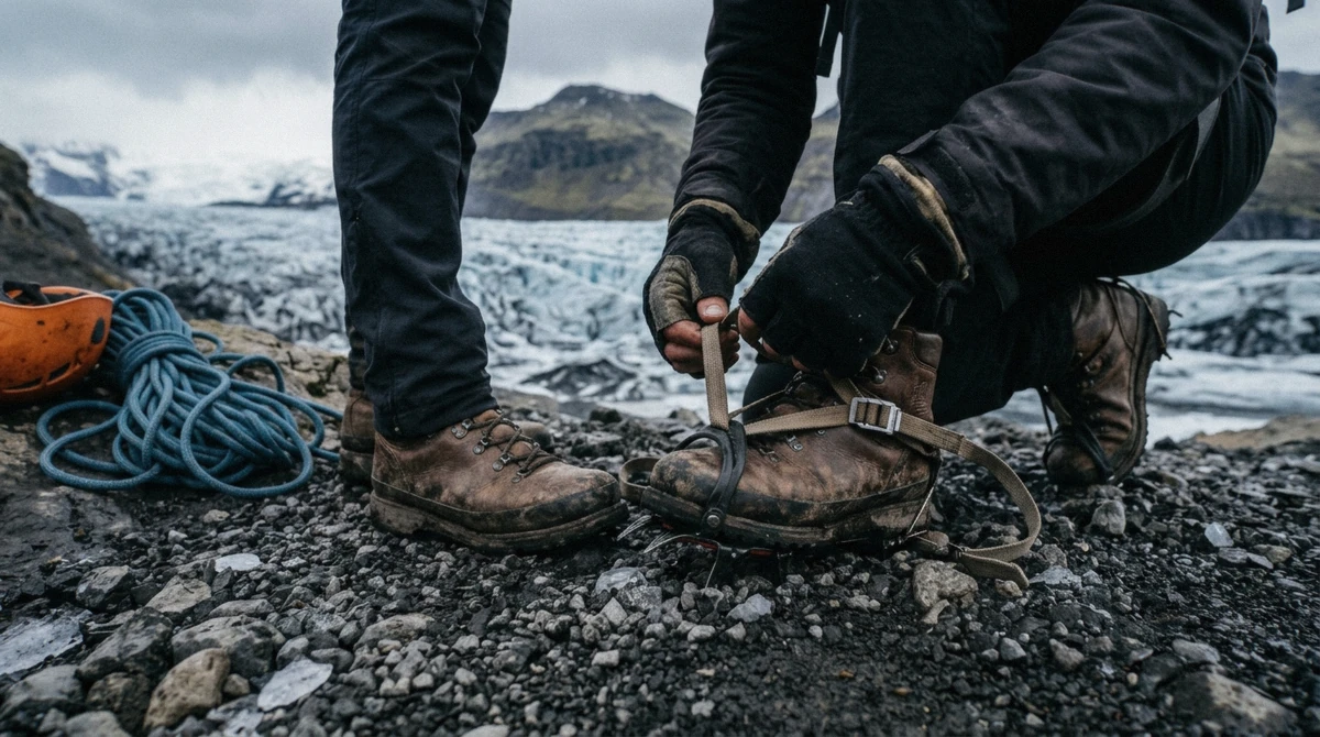 A guide strapping crampons onto a visitor's hiking boots at the edge of the ice before an Iceland ice cave day tour