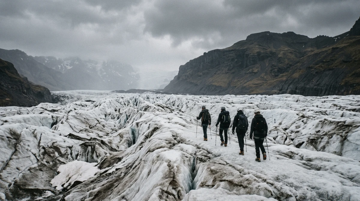 A roped line of hikers crossing crevassed ice on Falljökull towards the blue cave on a Skaftafell Iceland ice cave day tour