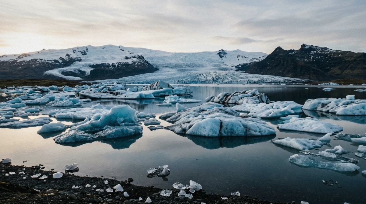 Icebergs drifting on Jökulsárlón glacier lagoon below Breiðamerkurjökull, the meeting point for the cheapest Iceland ice cave day tour