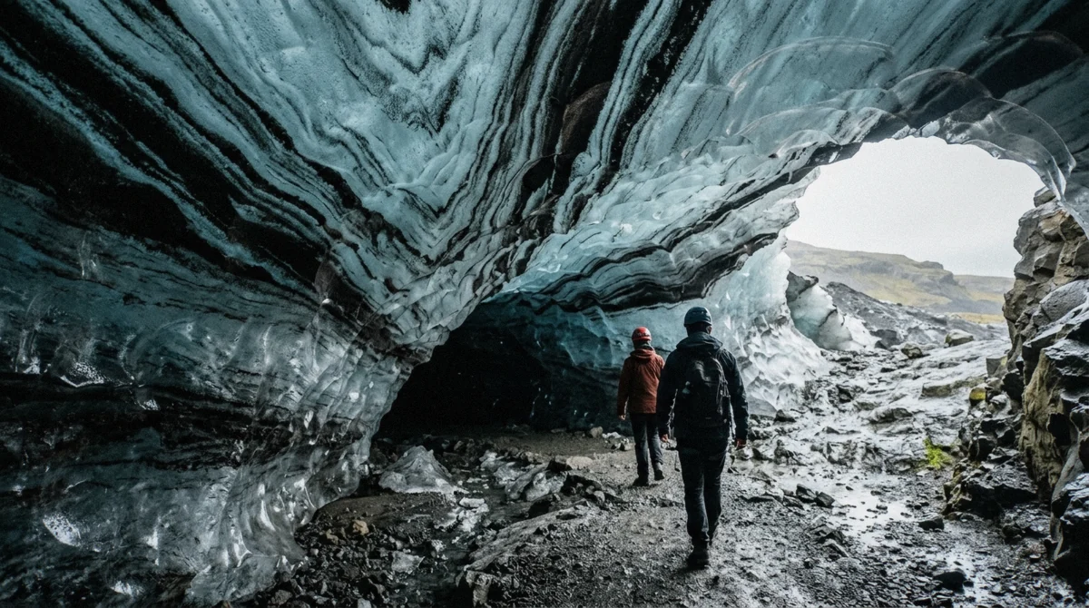 Layers of volcanic ash running through the blue ice roof of the Katla cave under Mýrdalsjökull on a year-round Iceland ice cave day tour